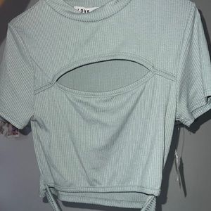 Medium sized teal ribbed, crop cut out shirt brand new never worn